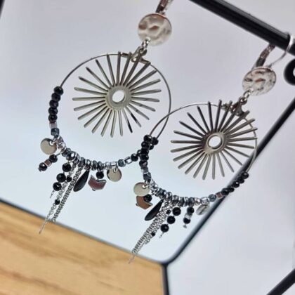 Boucles “Éclipse Nocturne” – acier inox & perles noires | fait main