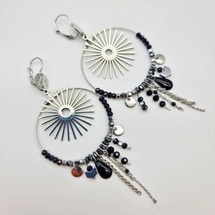 Boucles “Éclipse Nocturne” – acier inox & perles noires | fait main