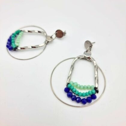 Boucles d’oreilles perlées bleu & vert (acier inoxydable)