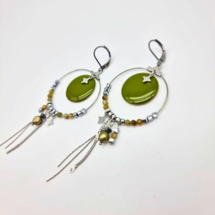 Boucles d’oreilles créoles bohèmes acier & kaki – Charly&Kty