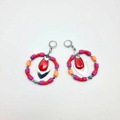 Boucles d’oreilles créoles colorées en acier inoxydable – Résine émaillée & perles Heishi