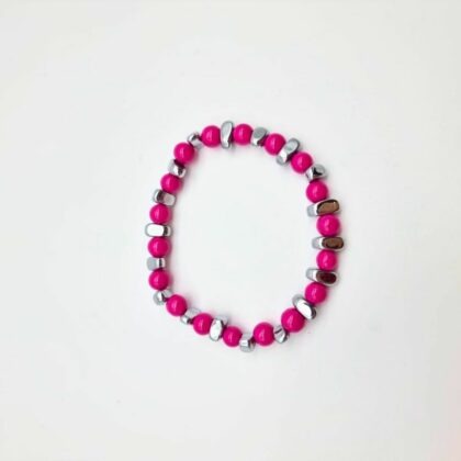 Bracelet élastiqué perles fuchsia en verre et hématite – Bijou coloré et moderne