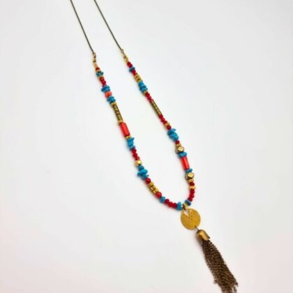 Sautoir bohème été turquoise, rouge et or – Pièce unique en laiton bronze