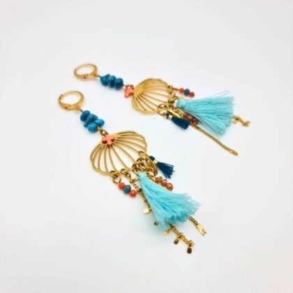 Boucles d’oreilles bohèmes coquillage – Turquoise et perles de verre – Bijou artisanal
