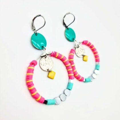 Boucles d’oreilles multicolores en acier inoxydable, perles Heishi et hématite – fin de collection