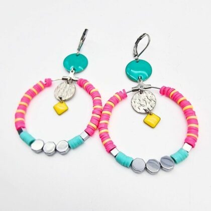 Boucles d’oreilles multicolores en acier inoxydable, perles Heishi et hématite – fin de collection