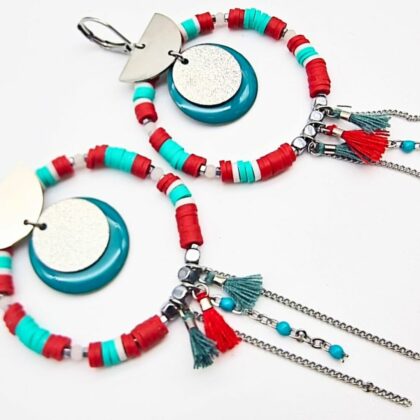 Boucles d’oreilles créoles bohèmes en acier inoxydable, perles de verre & heishi