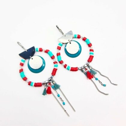 Boucles d’oreilles créoles bohèmes en acier inoxydable, perles de verre & heishi