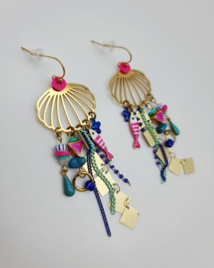 Boucles d’oreilles Lagune bleu et rose– Pièce unique artisanale