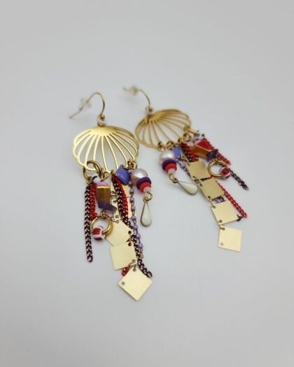 Boucles d’oreilles Lagune violet et rouge – Pièce unique artisanale