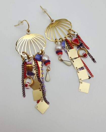 Boucles d’oreilles Lagune violet et rouge – Pièce unique artisanale